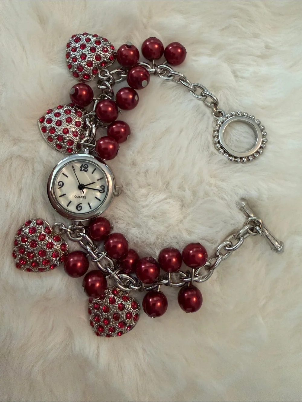 Red Heart Charm Bracelet Watch - Women's Fashion Accessory